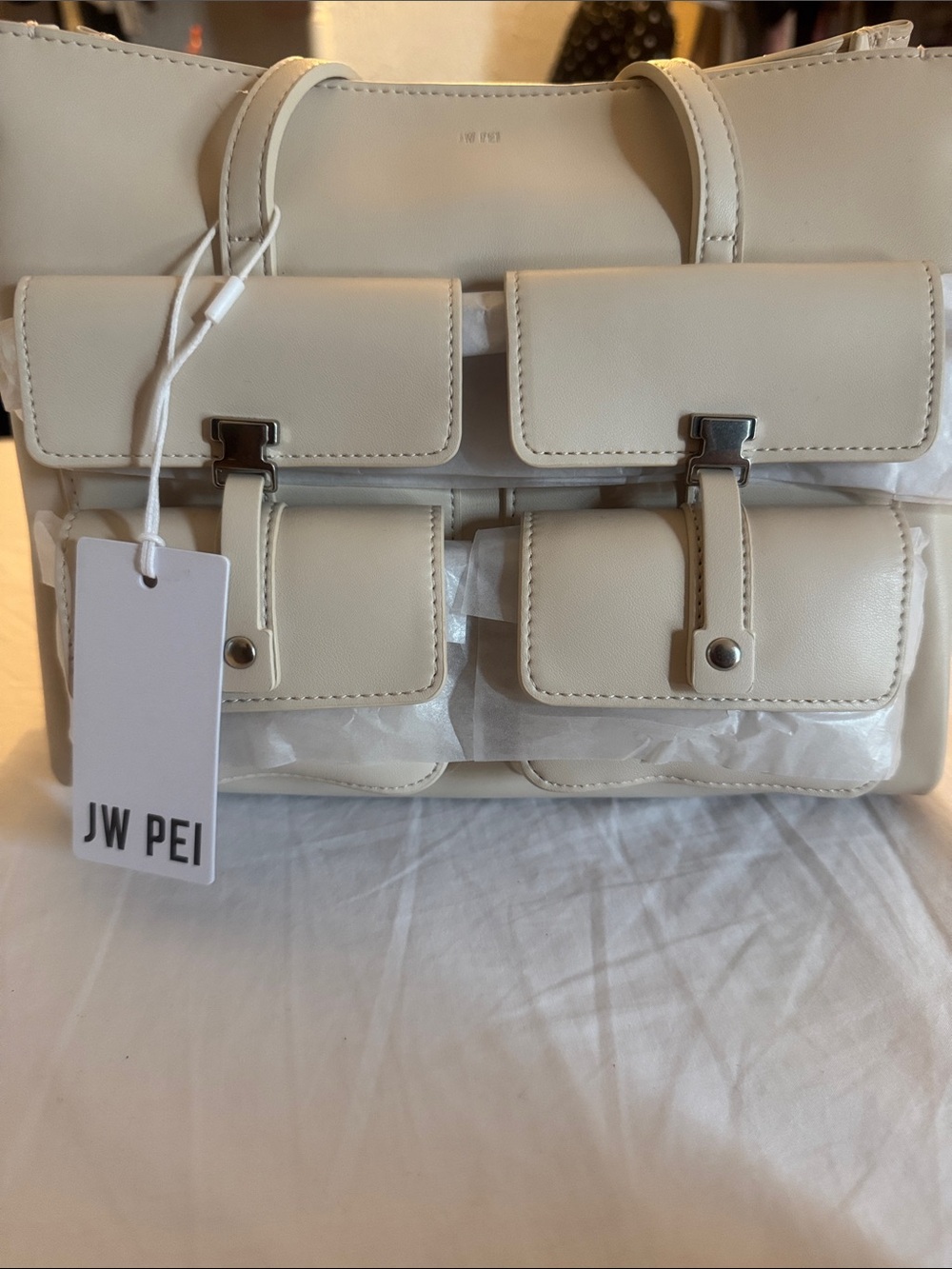 JW PEI Cream Multi-Pocket Satchel with Front Buckle Details